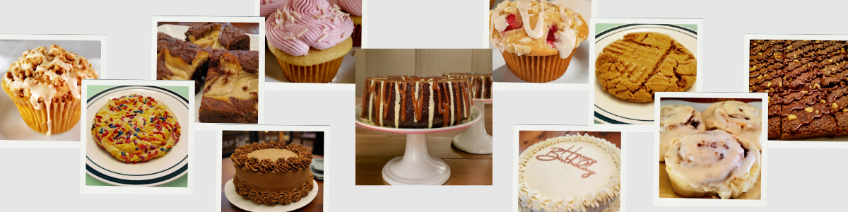 Assorted vegan baked goods including cupcakes, cookies, a chocolate cake, and various bars and brownies displayed on plates and stands.