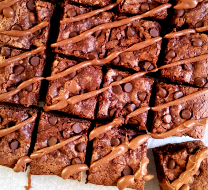 Plant-based chocolate brownies with ganache drizzle