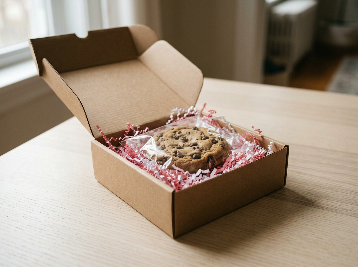 6pk plant-based cookies in shipping box with pink and white crinkle paper