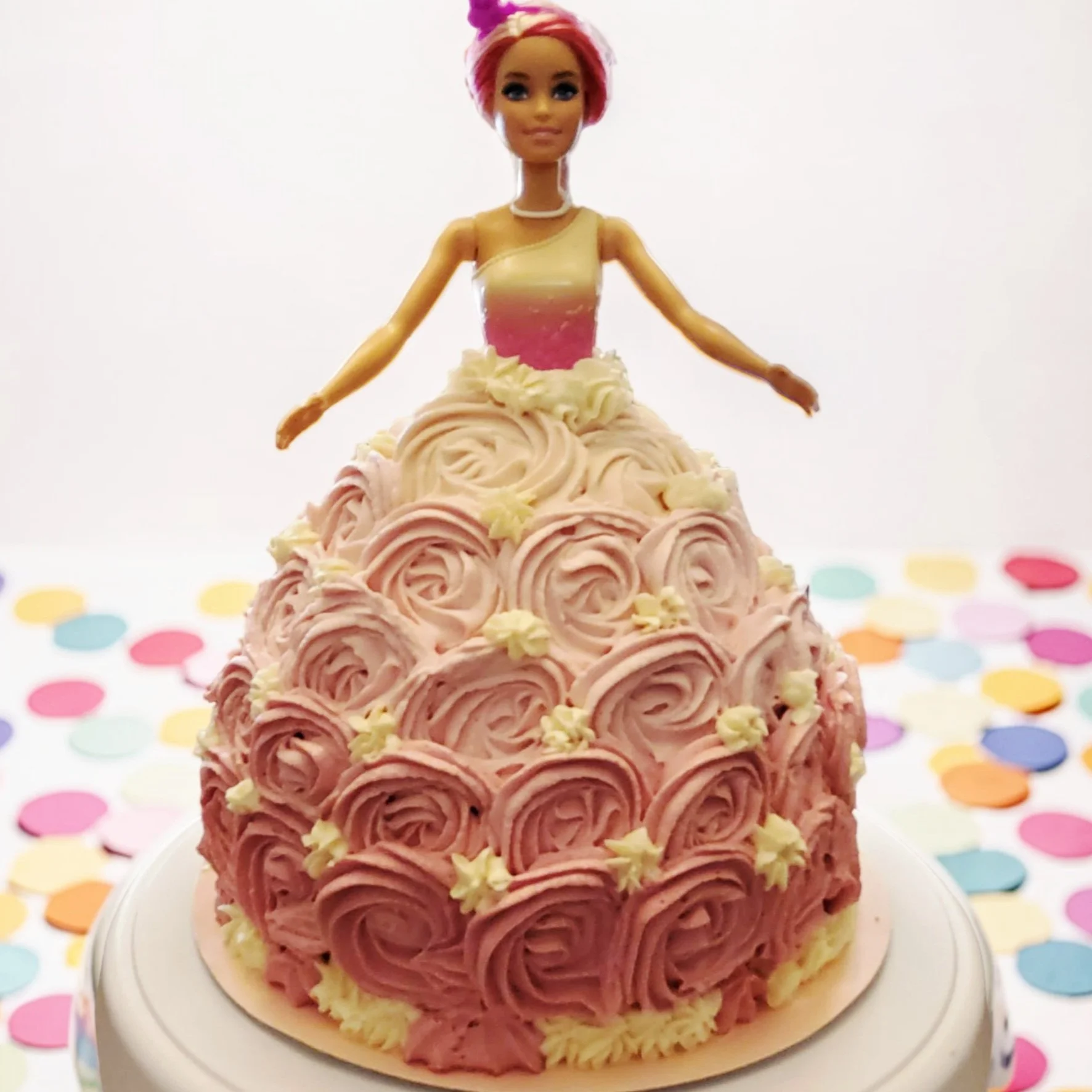 Plant-based/8-inch round/chocolate barbie cake/pink buttercream frosting