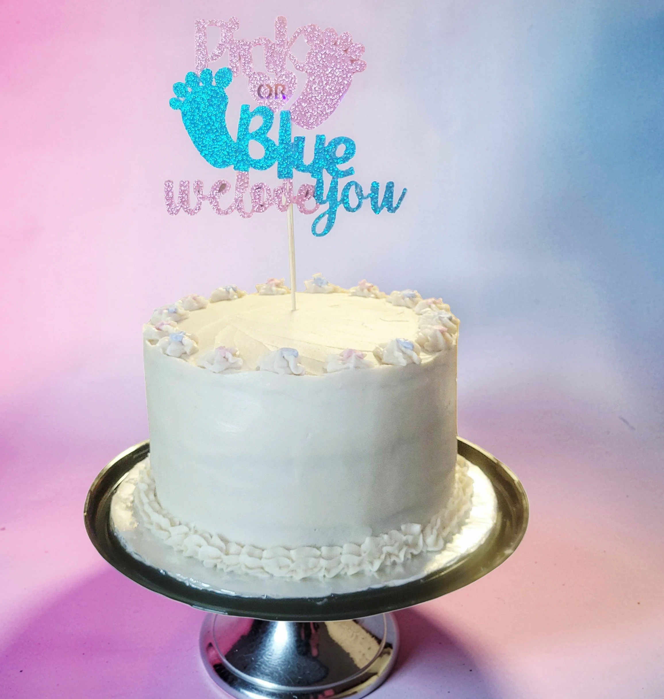 Plant-based 3-layer/8-inch round/vanilla cake/vanilla frosting/gender reveal cake topper