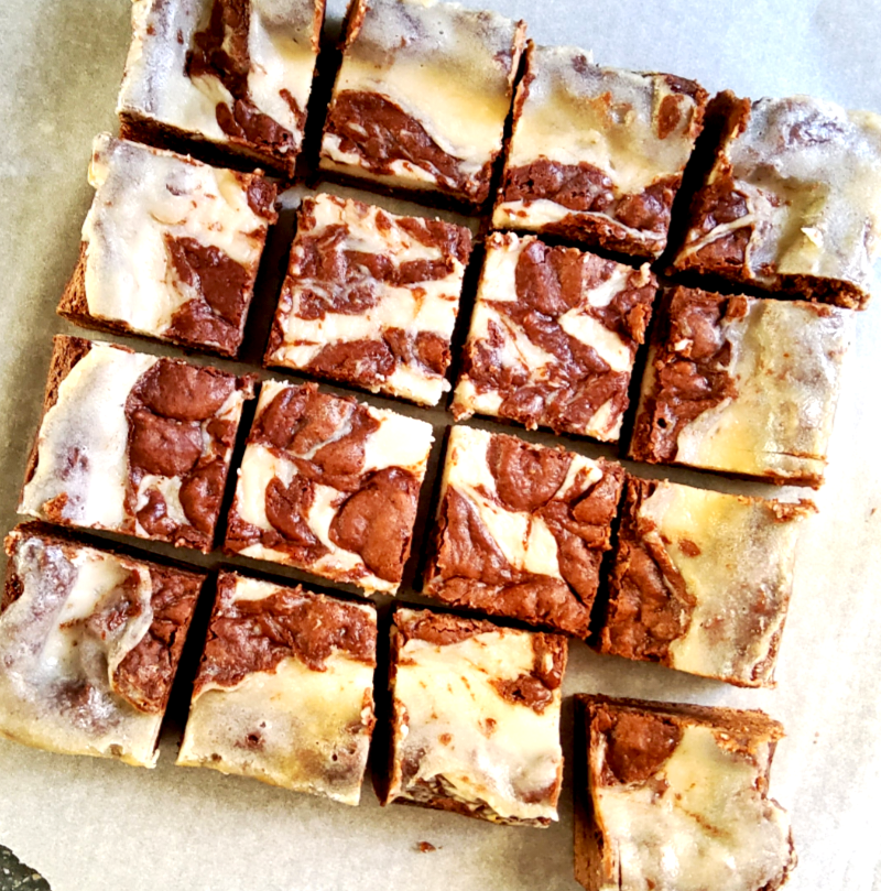 Plant-based chocolate brownies with cheesecake swirl