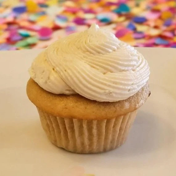 Plant-based vanilla cupcake with vanilla frosting