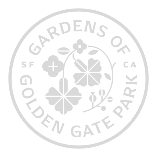 Seal of the Gardens of Golden Gate Park featuring three clover leaves, a flower, and a cross symbol.