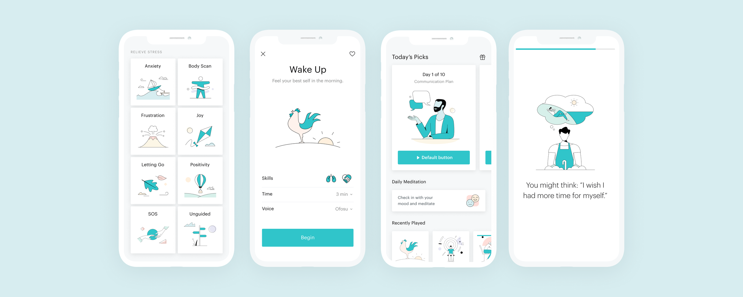 Screenshots of a mobile app interface focused on mental wellness and stress relief. The screens display options for relief activities like anxiety and body scan, guided meditation with illustrations, daily picks with motivational messages, and a reflective prompt with a cartoon of a person relaxing on a cloud.