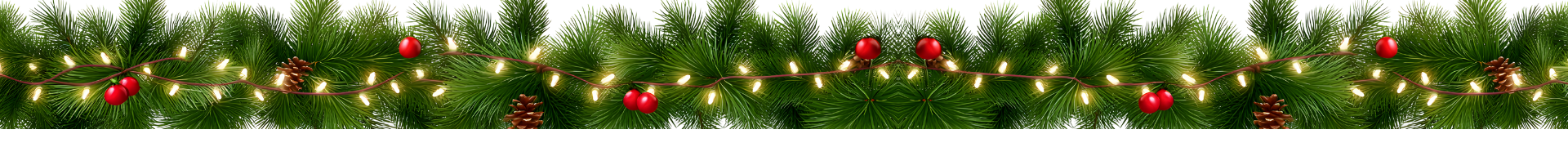 Decorative Christmas garland with pine branches, red berries, pinecones, and string lights on a green background with a blue bottom border.