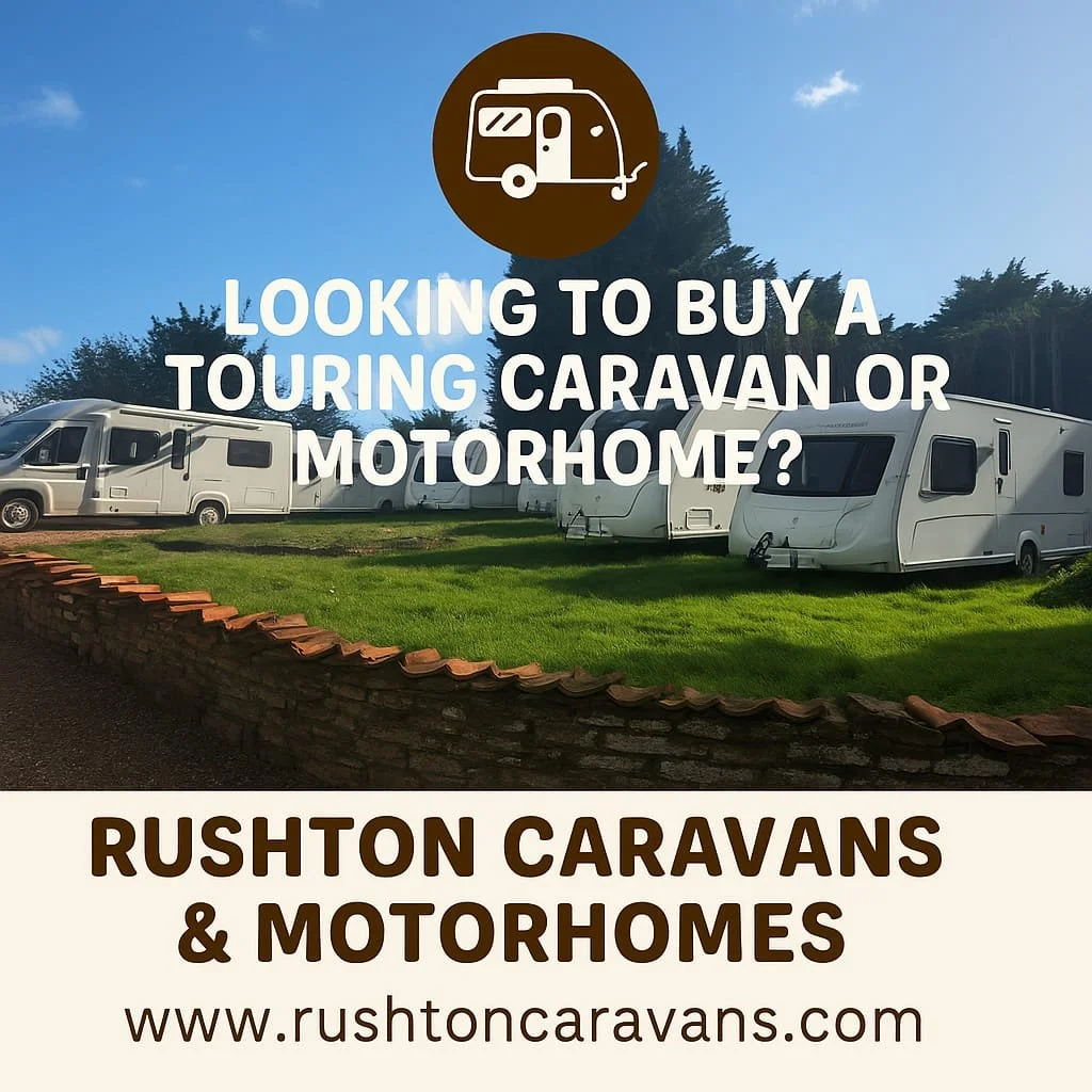 Multiple touring caravans parked on a grassy lot with a brick border, under a blue sky with some clouds, advertising Rushton Caravans & Motorhomes.