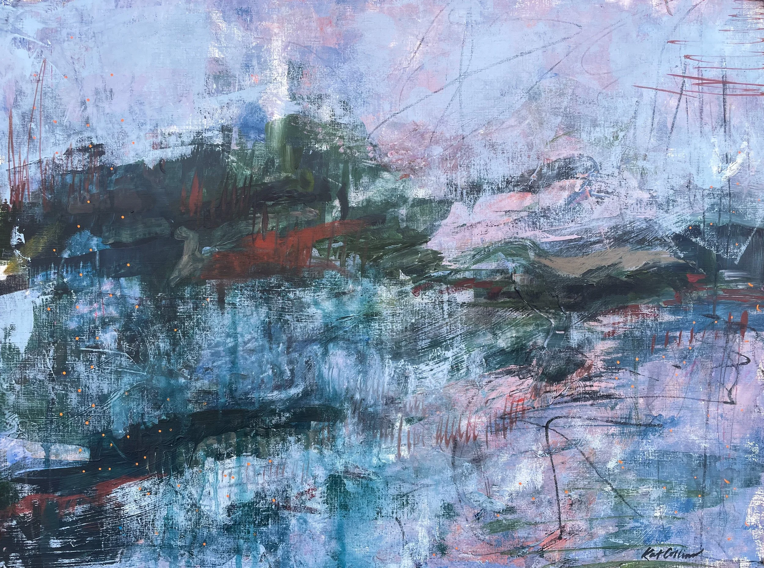An abstract painting with various shades of blue, green, red, and white, featuring textured brush strokes and small orange dots scattered throughout.