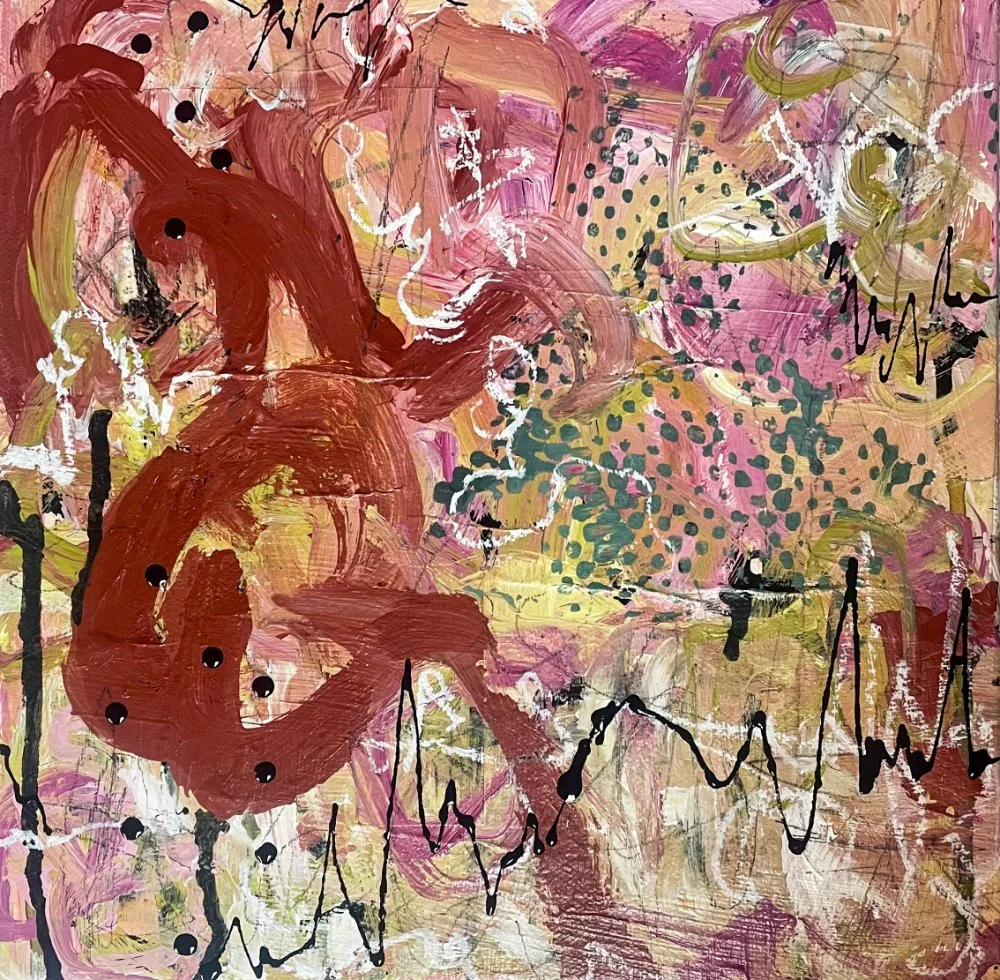 Abstract painting with pink, beige, green, and black brush strokes, dots, and lines.