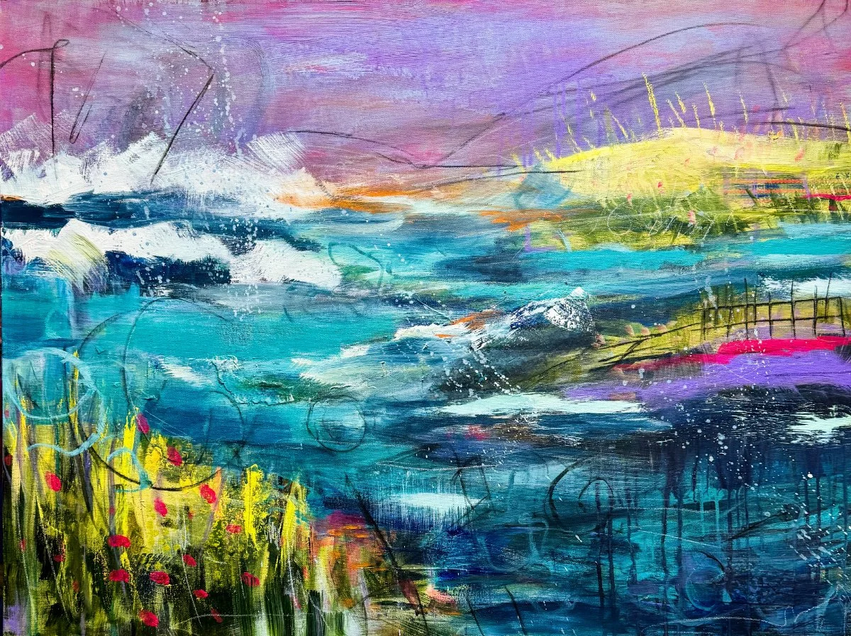 Abstract painting of a colorful landscape with a body of water, greenery, and a purple sky.