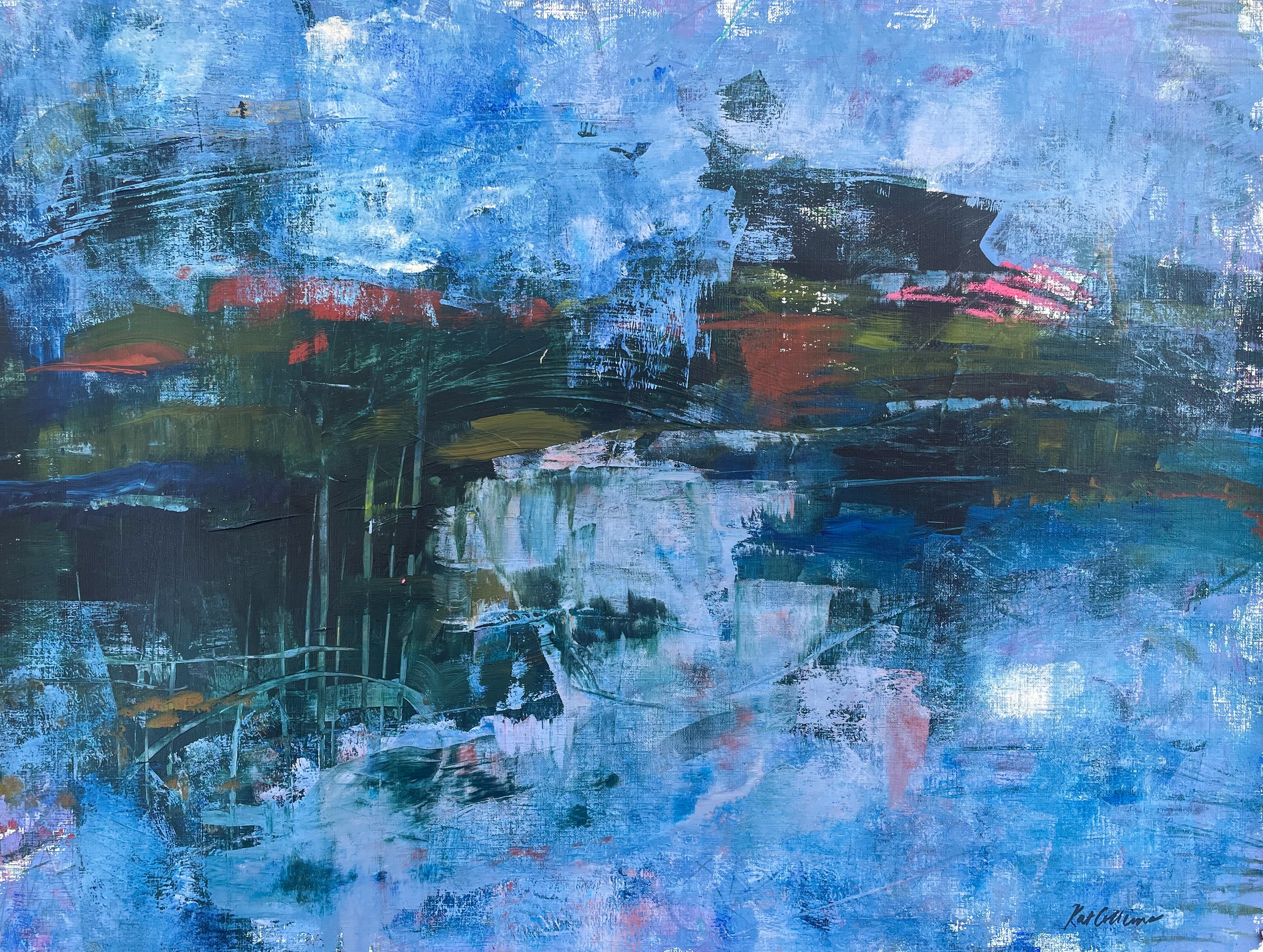 Abstract painting with prominent blue, green, black, white, and pink brushstrokes, signed in the bottom right corner.