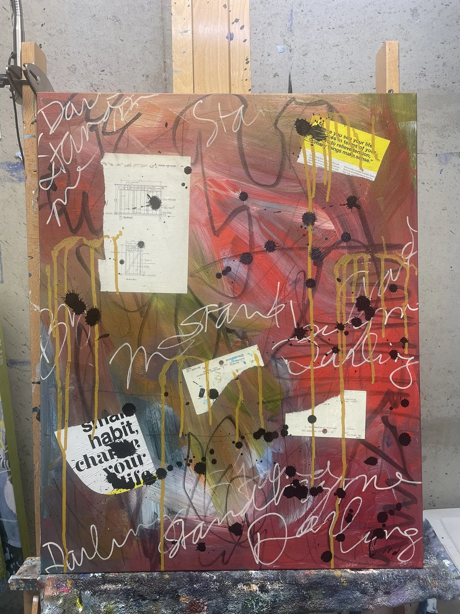 In-progress: early collage, handwritten text, and drips — laying the foundation with movement and memory.