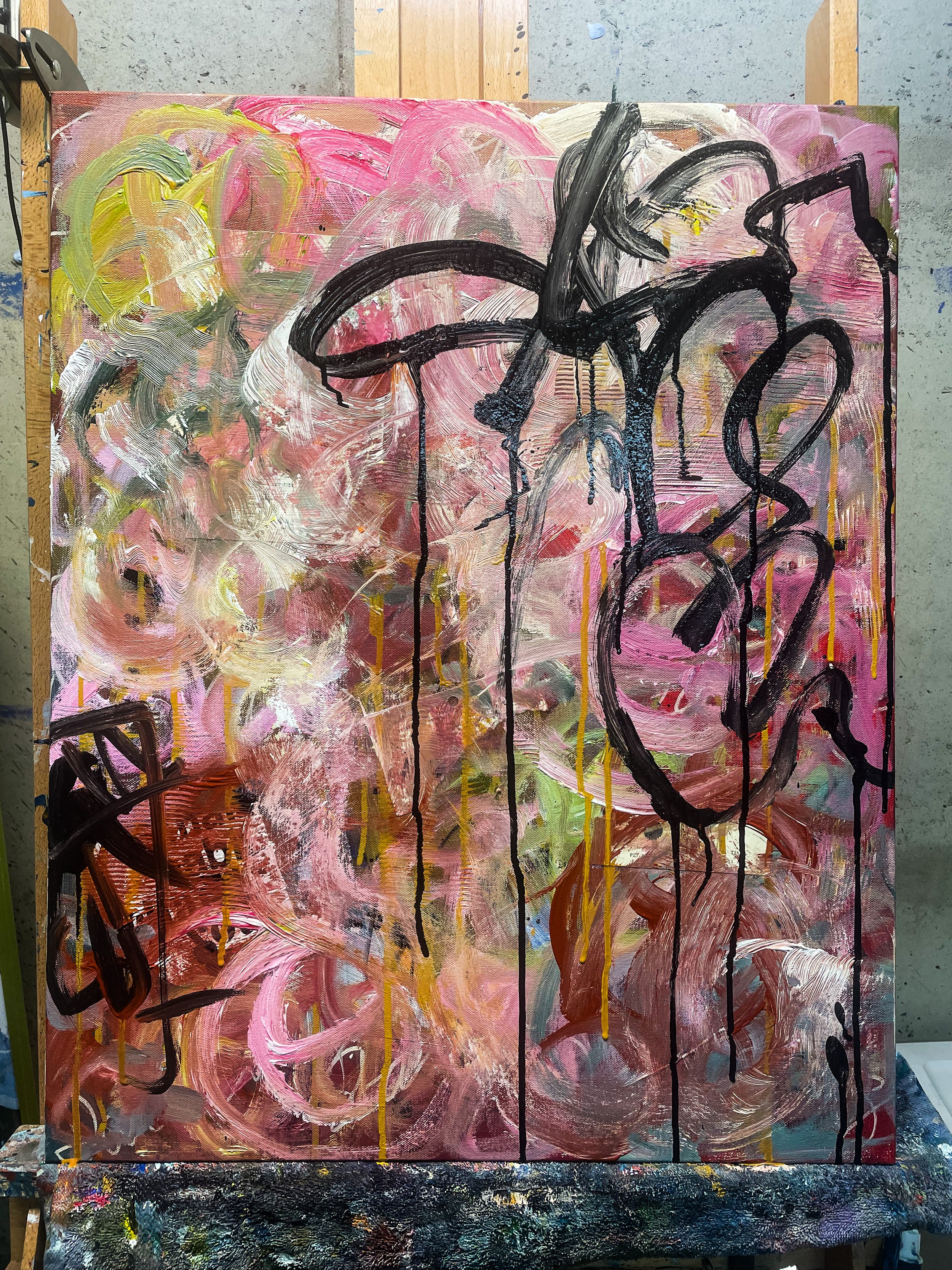 In-progress: color emerging, swirls taking over — where spontaneity and intuition begin to reshape the narrative.