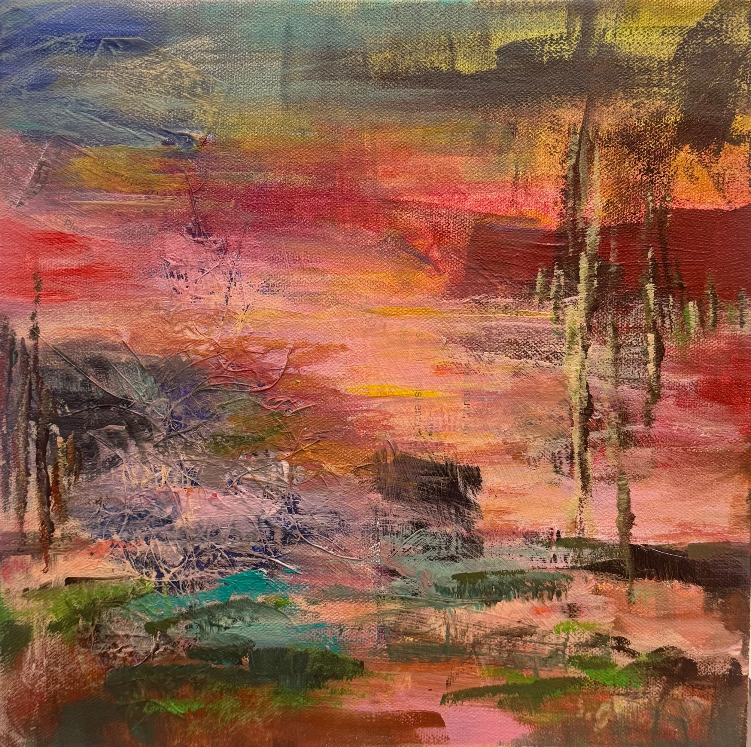 Abstract landscape painting with vibrant colors including yellow, orange, pink, red, purple, green, and black, featuring textured brushstrokes and layered paint.