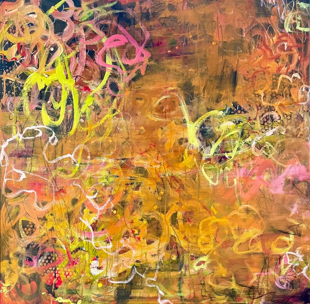 Abstract painting with a mixture of bright yellow, pink, orange, black, and white colors in swirling and scribbled patterns.