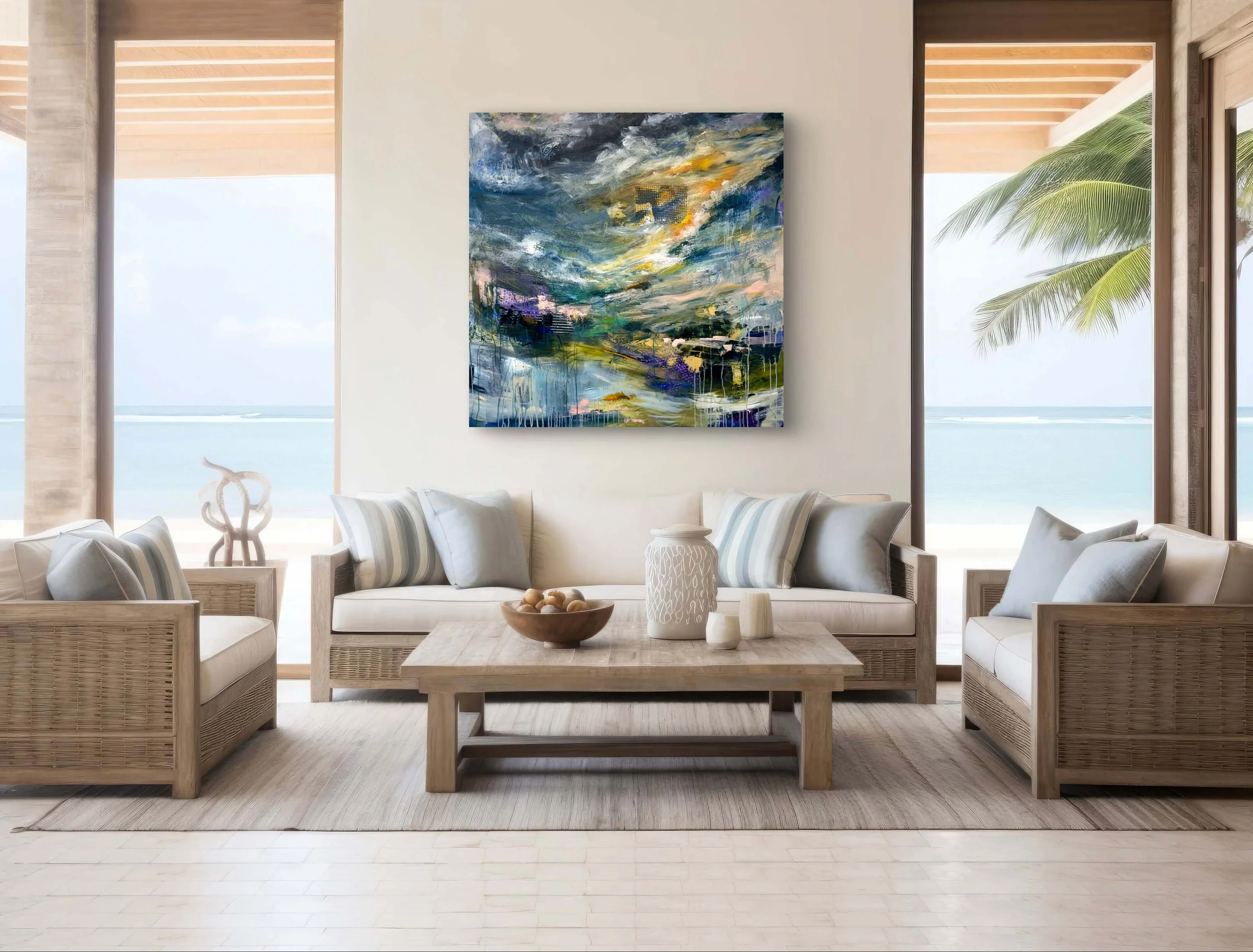 Living room with beige wicker furniture, a wooden coffee table, decorative vases, large windows showing a seaside view with a palm tree, and an abstract painting on the wall.