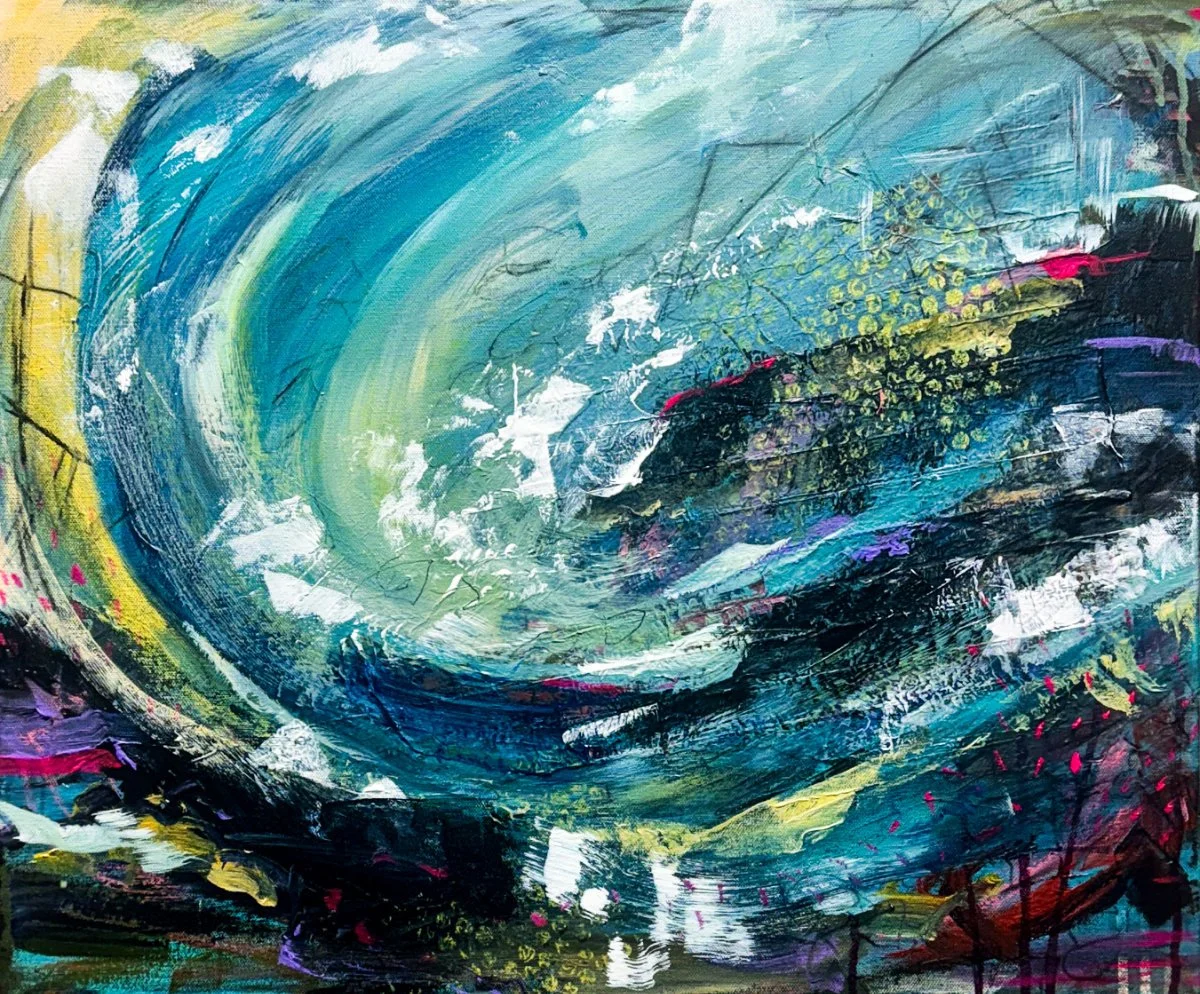 Abstract painting with swirling blue, green, yellow, pink, purple, white, and black colors.