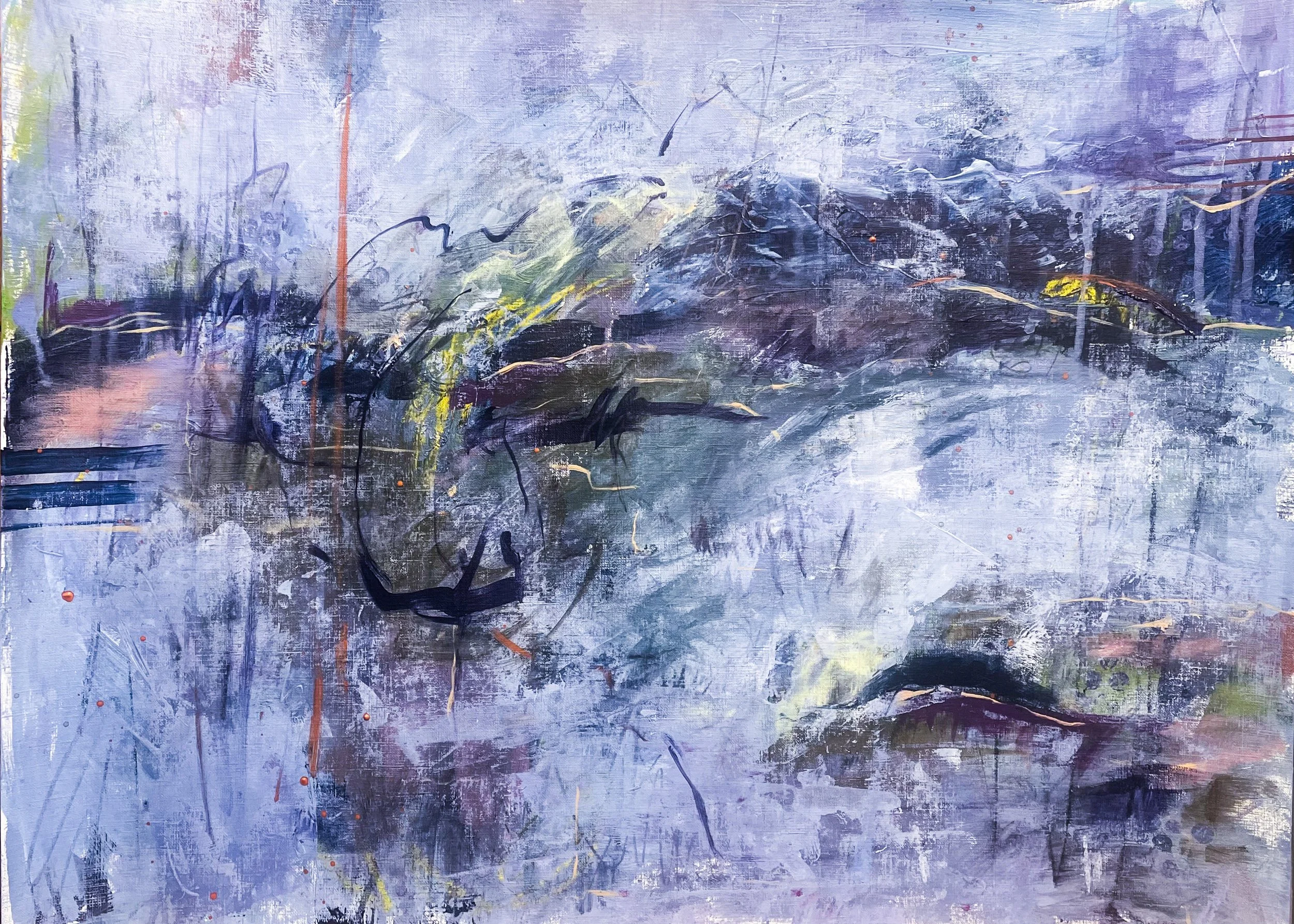 Abstract painting with predominantly purple, blue, and black brushstrokes, with some hints of yellow and orange, creating a textured and layered appearance.