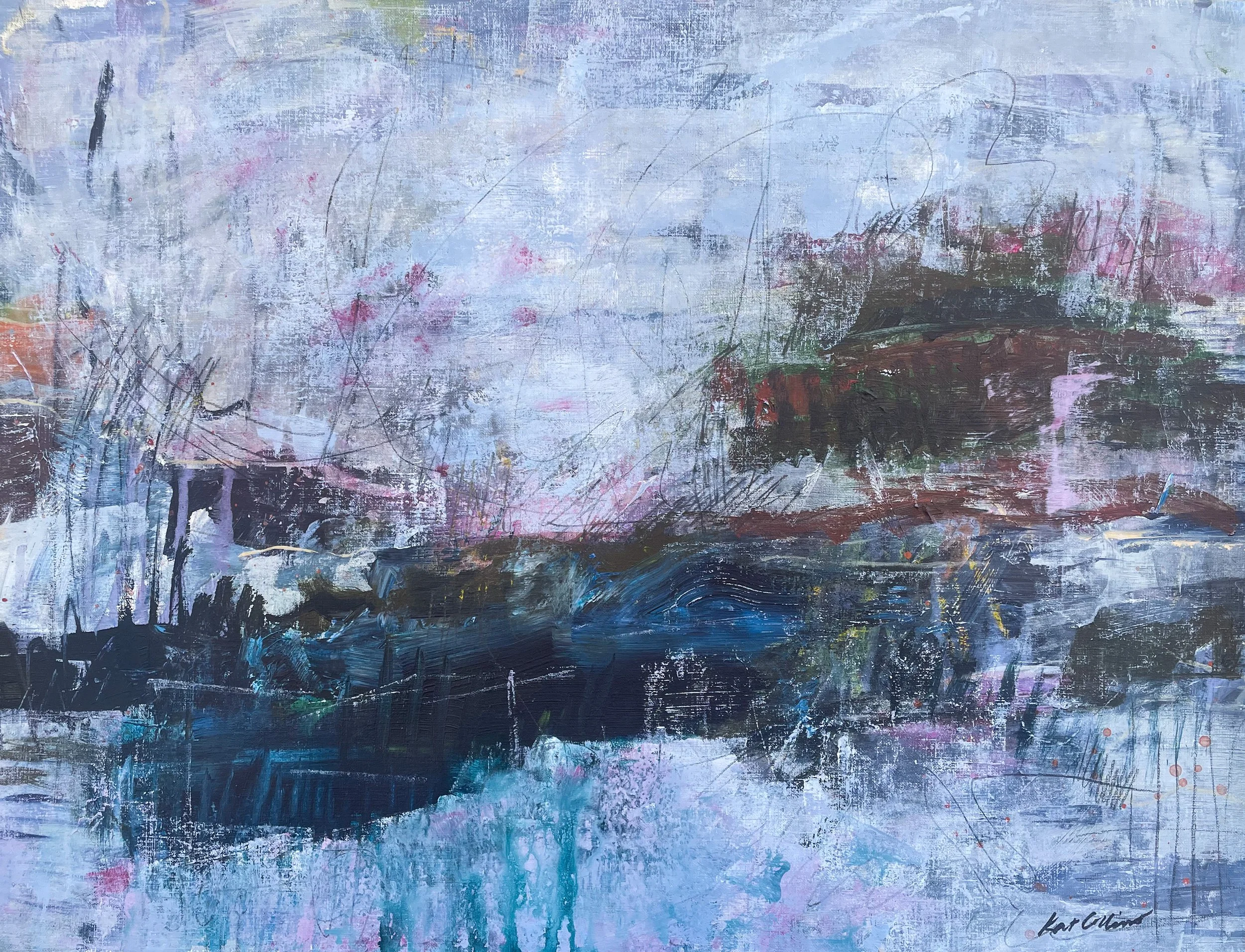Abstract painting with shades of blue, purple, pink, and black, featuring textured brushstrokes and layered colors.
