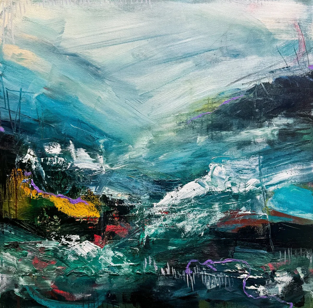 Abstract landscape painting with prominent blues, greens, black, white, with streaks of yellow and purple.