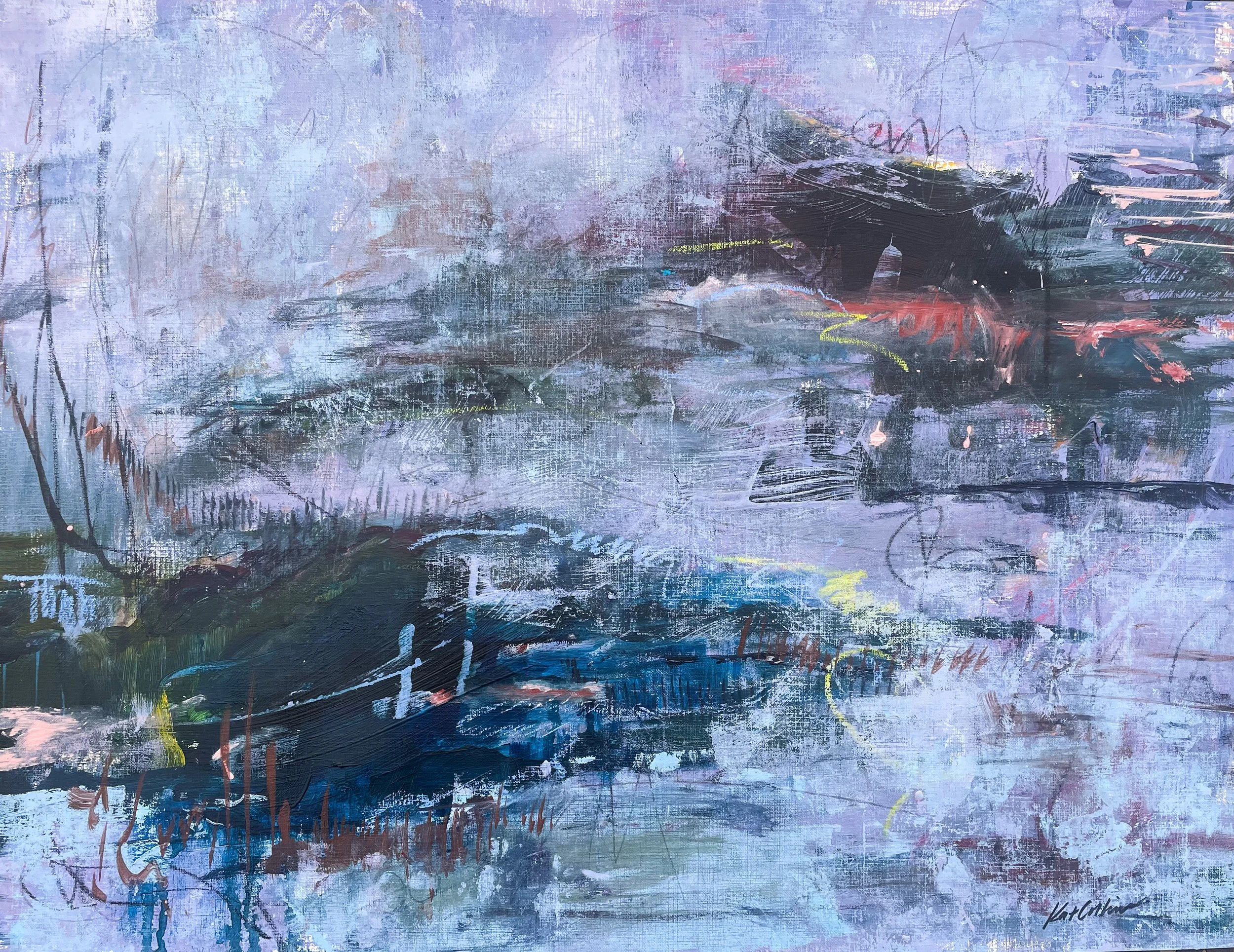 Abstract watercolor painting with shades of purple, blue, black, and hints of yellow and red, with expressive brushstrokes and layered textures.