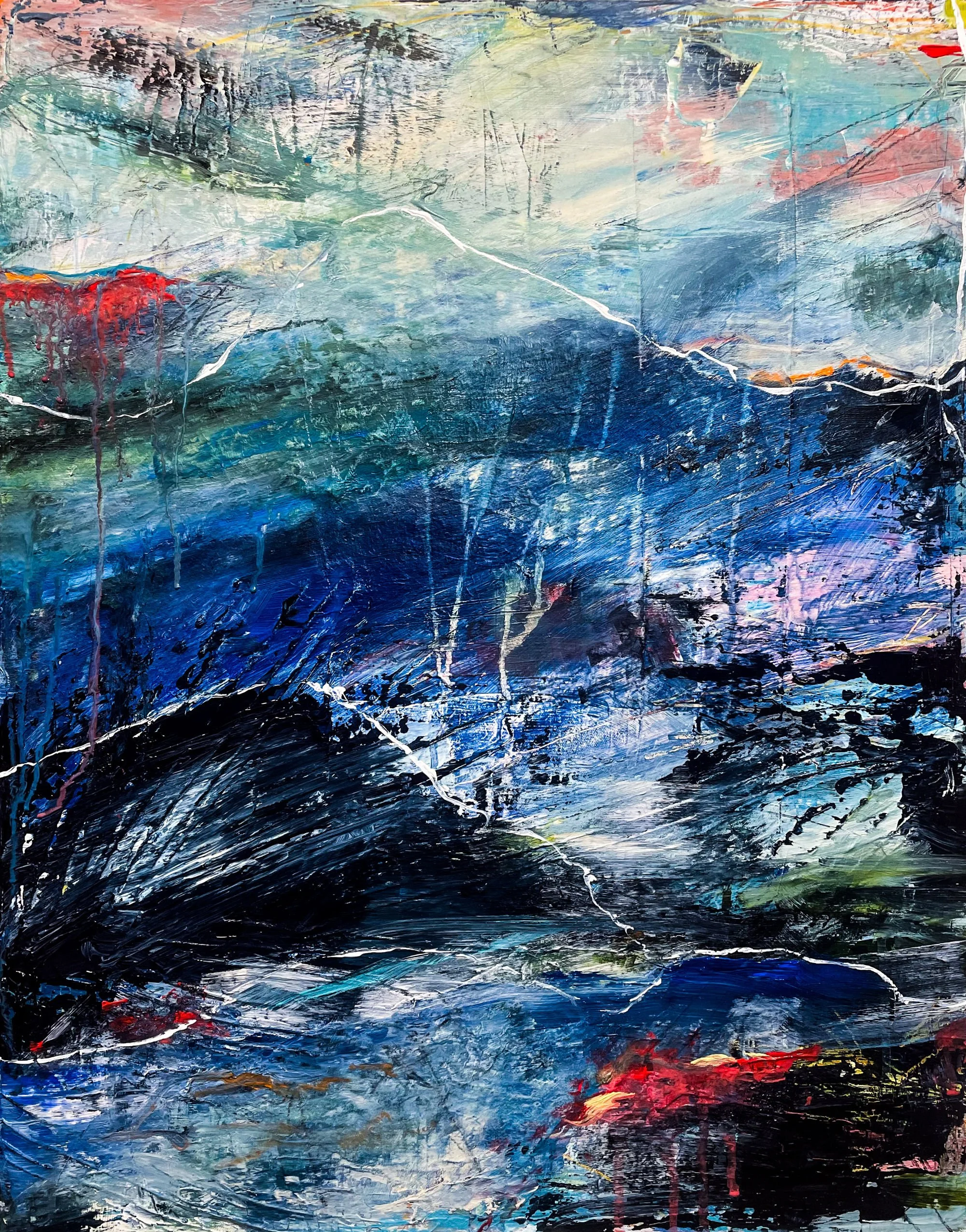 An abstract painting with a vibrant blend of blues, blacks, reds, and other colors. The artwork features dynamic brush strokes, splashes, and drips, creating a sense of movement and energy.