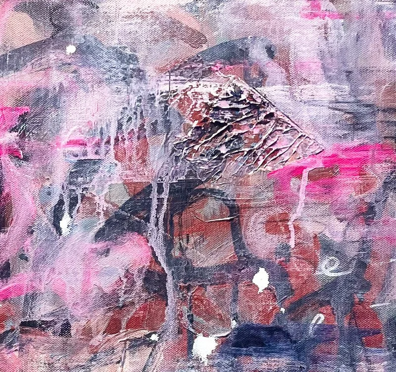 Close up painting image layers of oil pastel, charcoal, and scraped acrylic