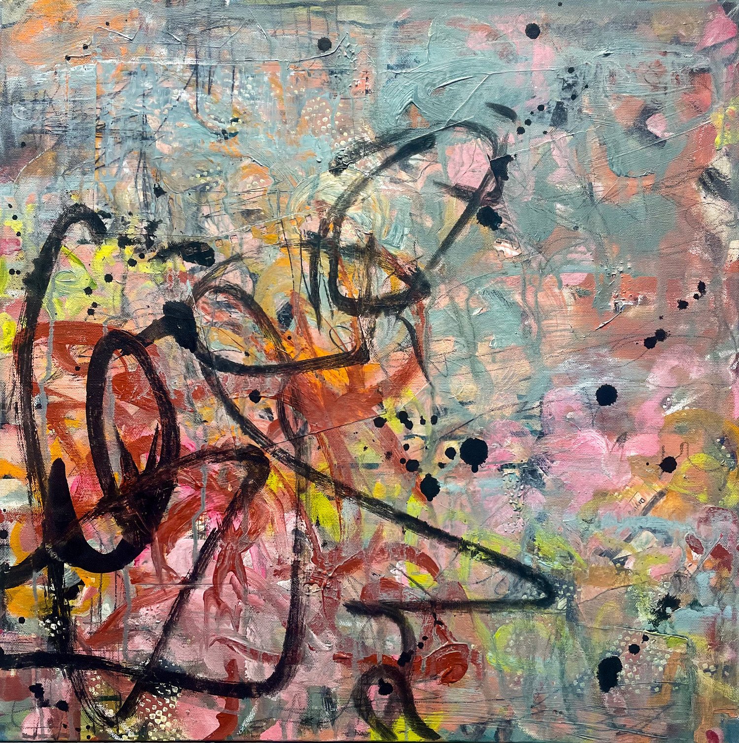 Abstract painting with pastel pink, blue, green, and yellow colors, black drips, and bold black lines with textured brushstrokes.