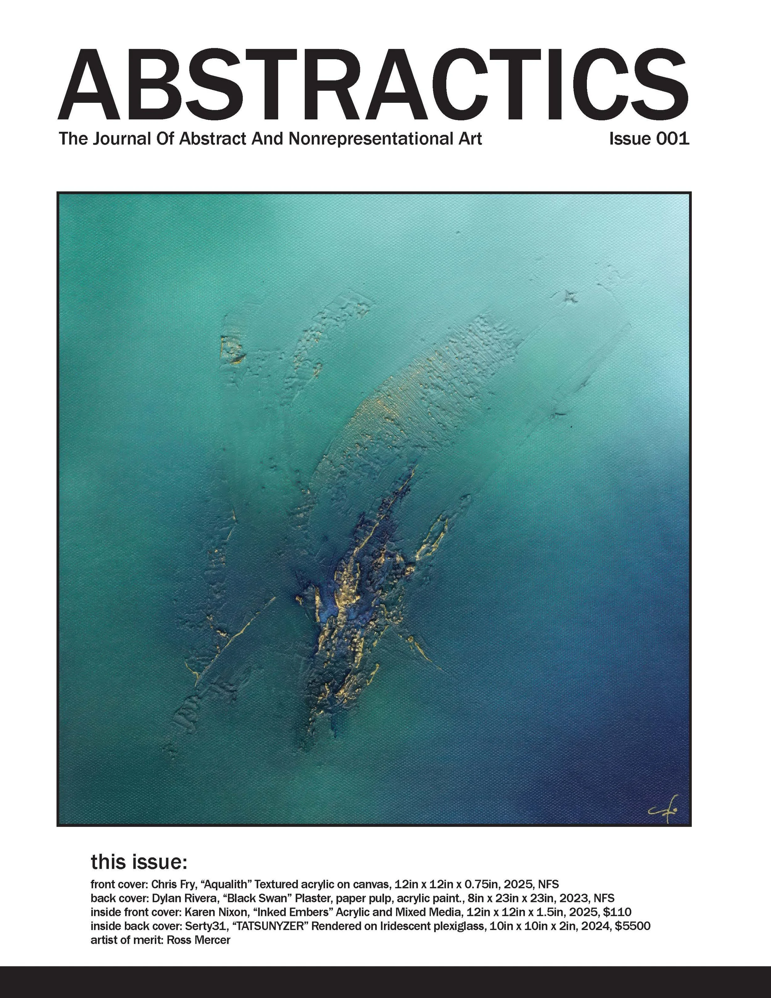 Cover of a journal titled "ABSTRACTS" with a textured acrylic painting in shades of teal and gold. Text below describes the issues' front and back covers and an inside page, mentioning various artists and artworks.