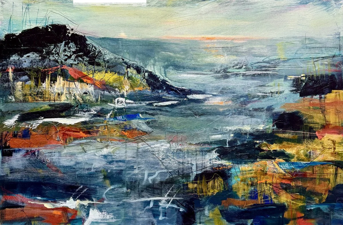 Abstract landscape painting of a coastal scene with a hill, water, and rocks, using bold brushstrokes and vibrant colors.