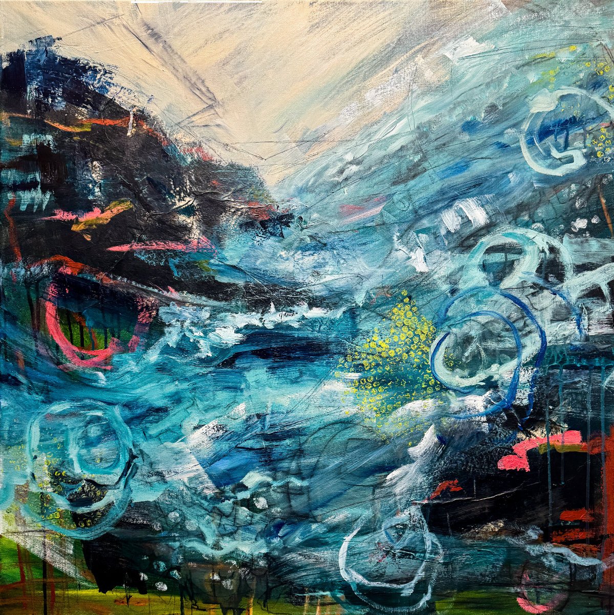 An abstract painting with swirling blue, black, white, pink, and yellow brushstrokes creating a sense of movement, resembling a turbulent river or stormy sky.