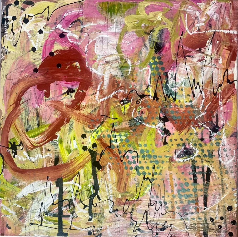 Abstract painting with pink, yellow, green, brown, white, and black brushstrokes and splatters, featuring scribbled black lines and dots.