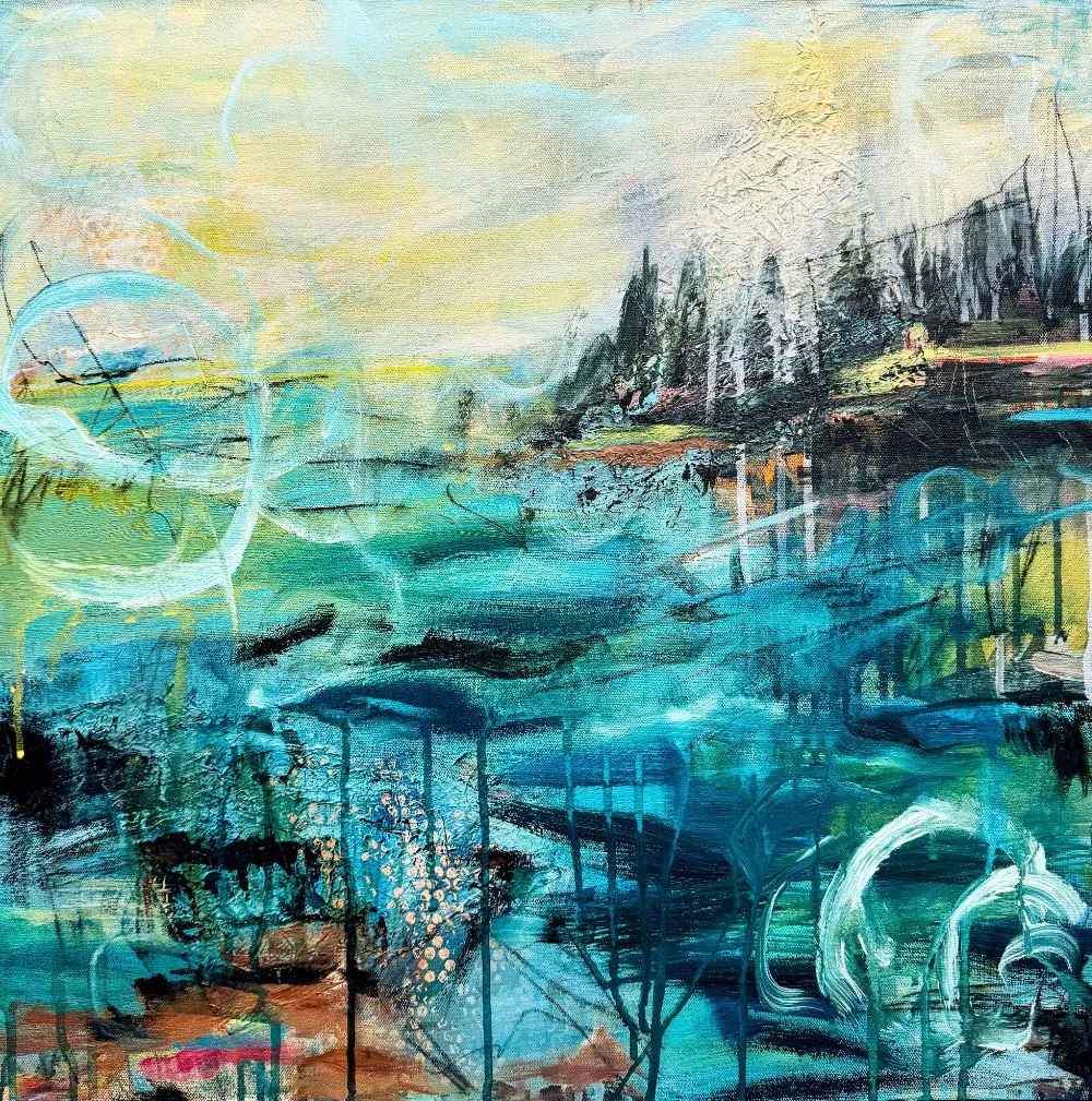 Abstract landscape painting with a mix of blue, green, yellow, black, and white colors, depicting a scenic view with water, trees, and possibly mountains in the background.