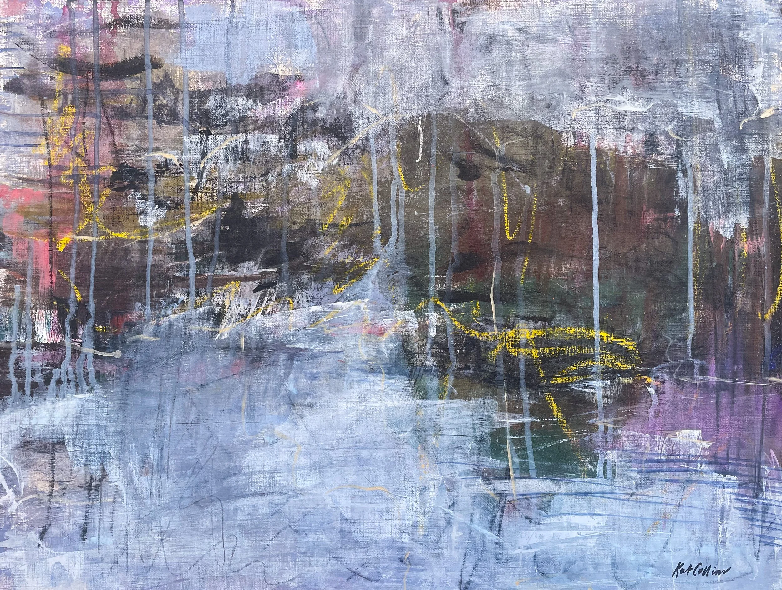 Abstract painting with various shades of purple, gray, black, white, and hints of yellow and pink, with textured brushstrokes and drips.