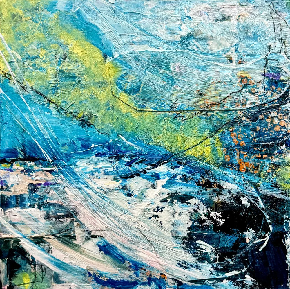 Abstract painting with swirling blue, green, white, and black colors and textured brushstrokes.