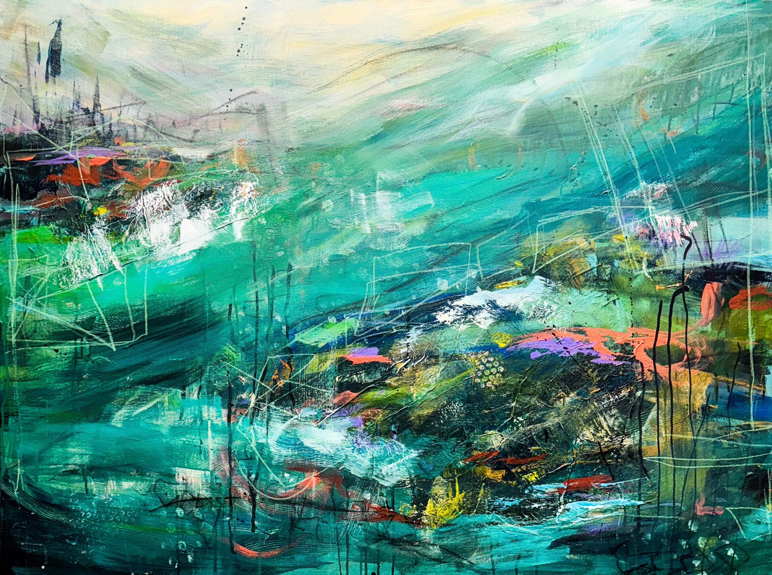Abstract painting with swirling shades of green, blue, yellow, and touches of purple and orange, featuring lines and textures.
