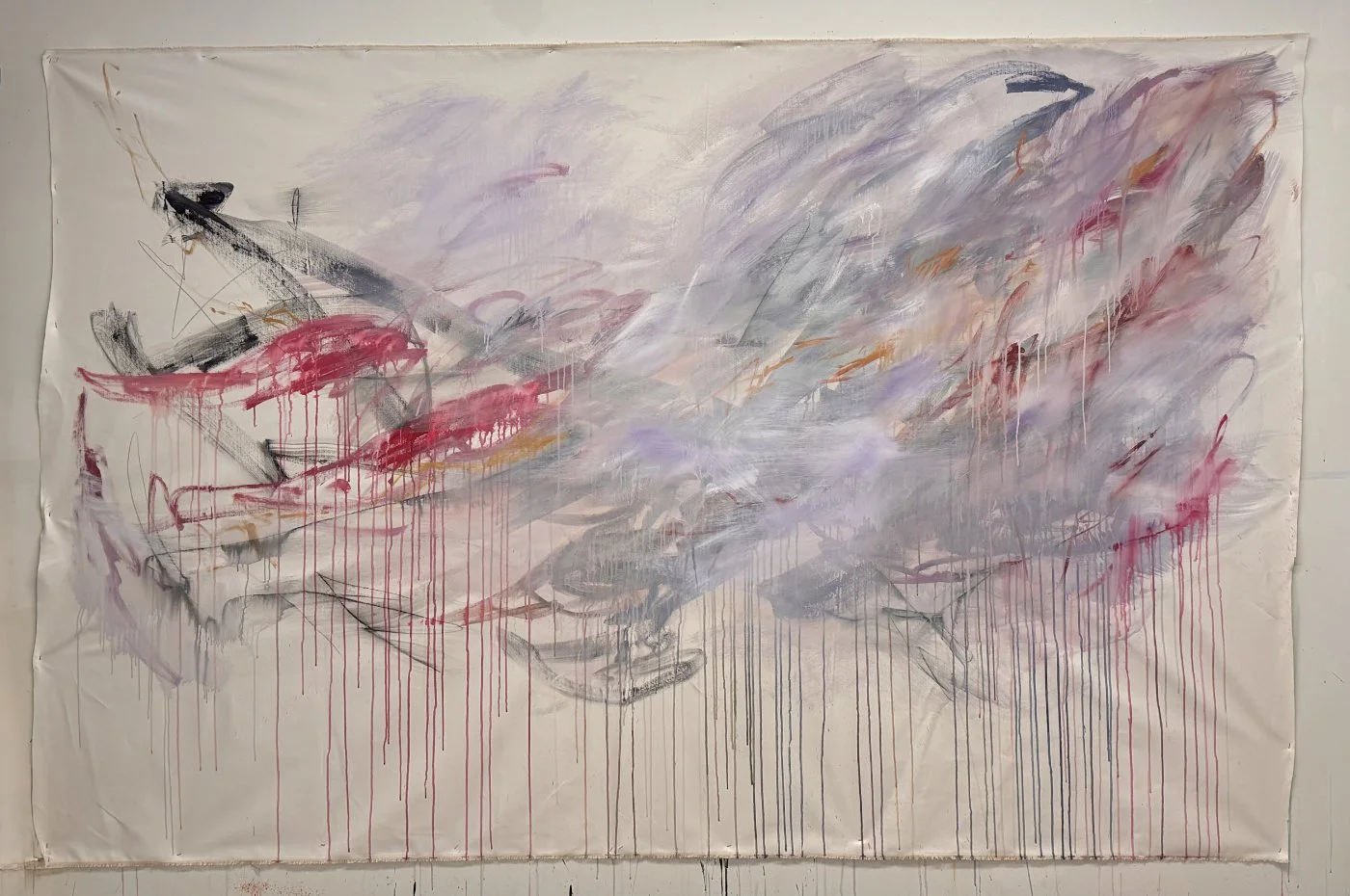 Abstract painting with swirling colors including pink, purple, gray, black, and orange, featuring dripping paint effects.