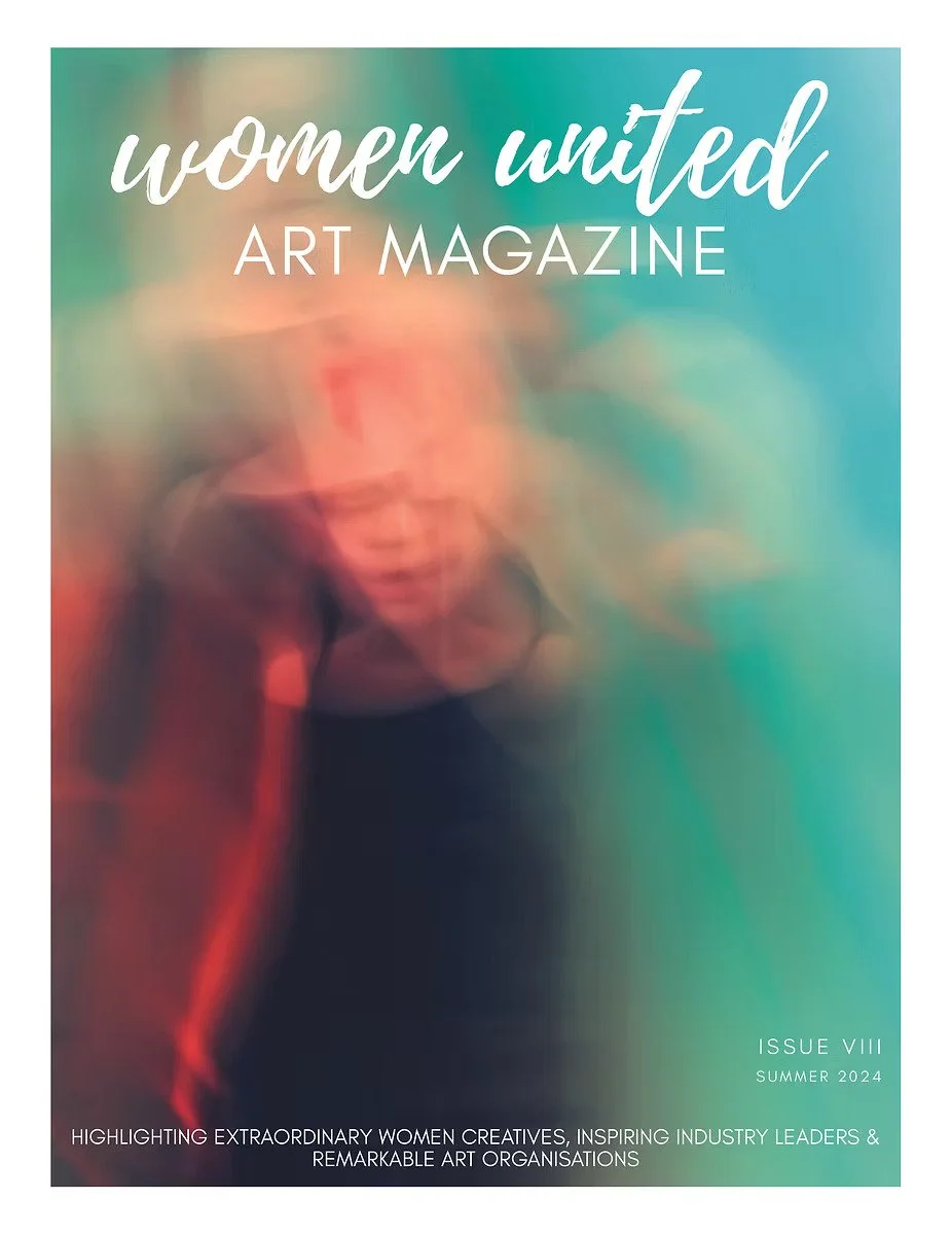 Cover of Women United Art Magazine, Summer 2024, Issue VIII, featuring an abstract, blurred image of a woman with colorful lights, highlighting extraordinary women creators and industry leaders.