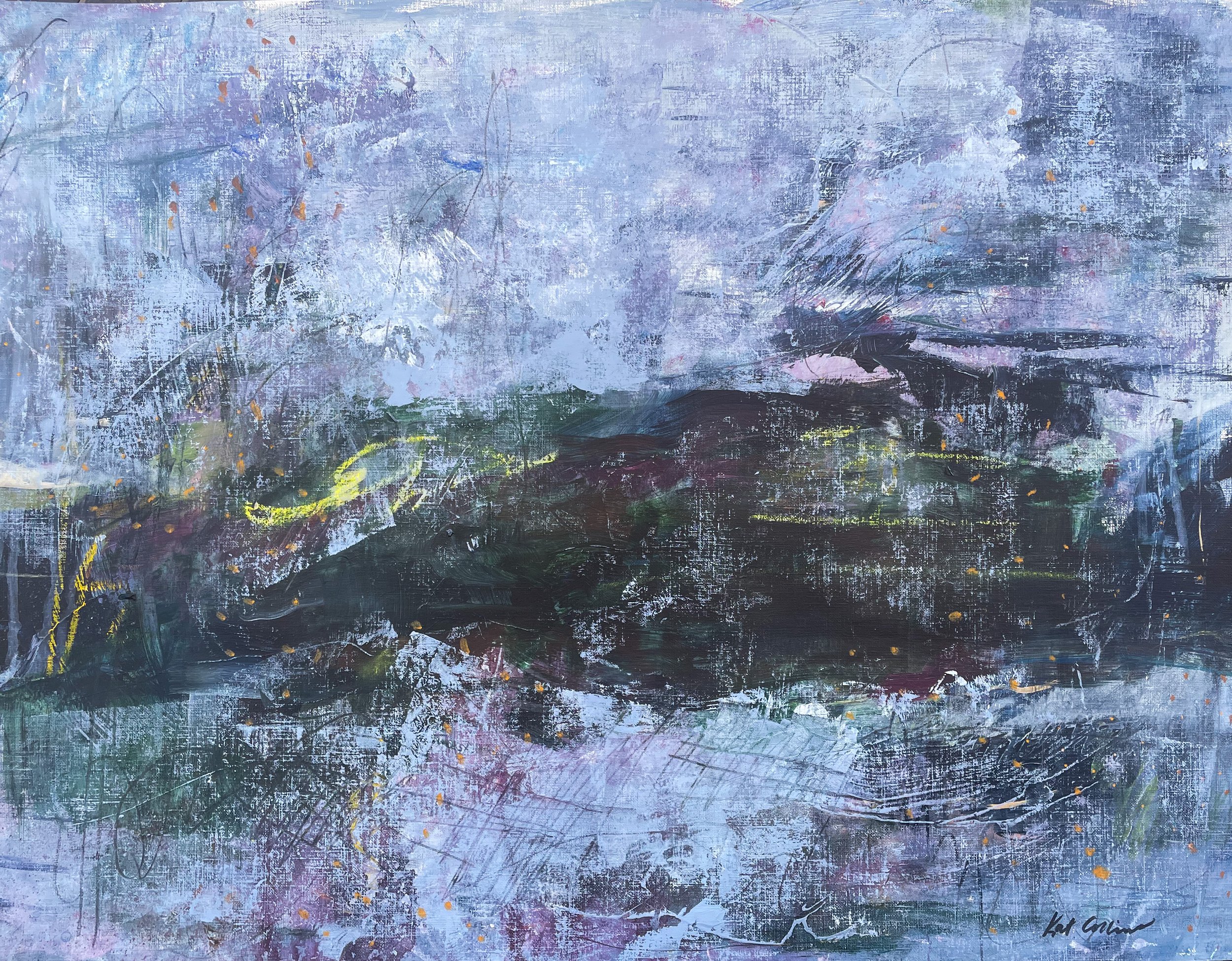 Abstract painting with shades of blue, purple, green, and black, featuring textured brushstrokes and small orange and yellow splatters, signed by the artist in the bottom right corner.