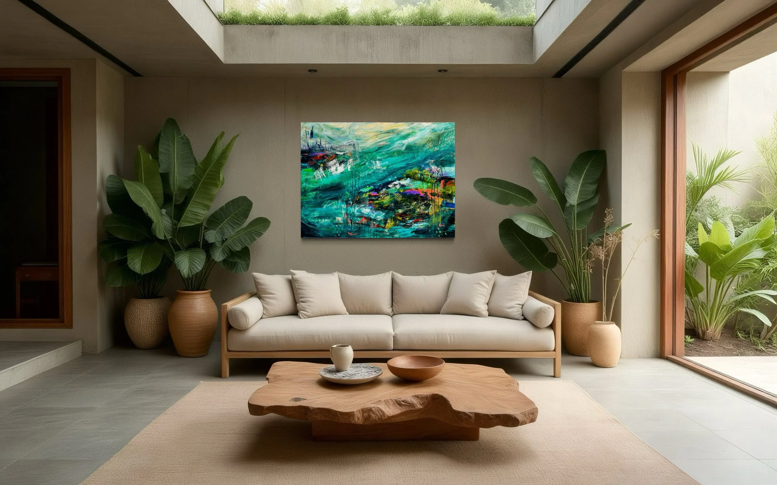 Modern living room with beige sofa, abstract colorful painting on wall, large potted plants, wooden coffee table, and large windows with greenery outside.