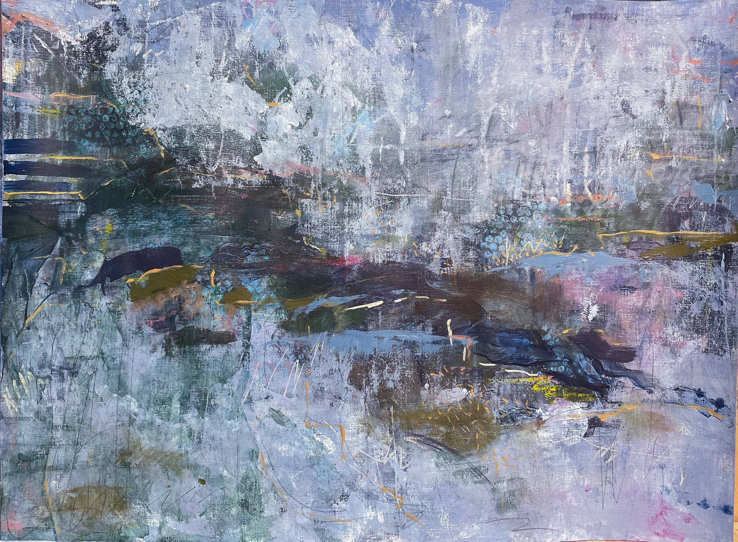 Abstract painting with a mix of colors including blue, gray, black, gold, and a hint of pink, created with textured brushstrokes and layered paint.