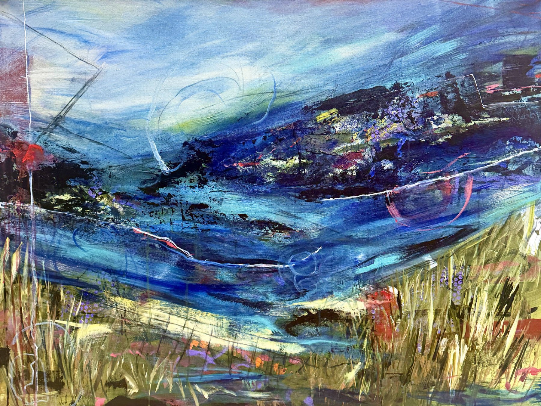 Abstract landscape painting with blue sky, dark mountains, and grassy foreground with colorful flowers and grass.