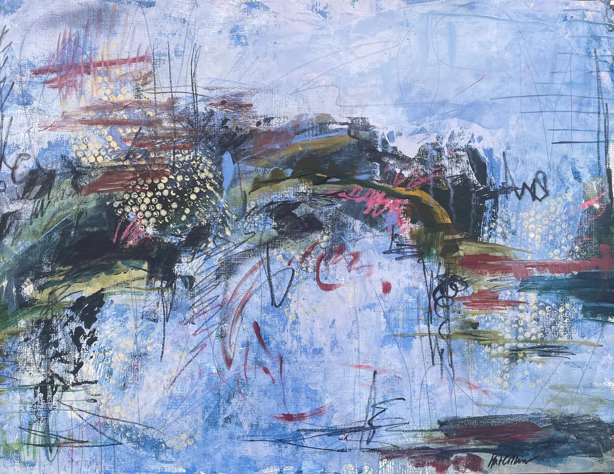 An abstract painting with a blue background, splashes of black, white, red, and green, featuring various brushstrokes, lines, and dotted patterns.