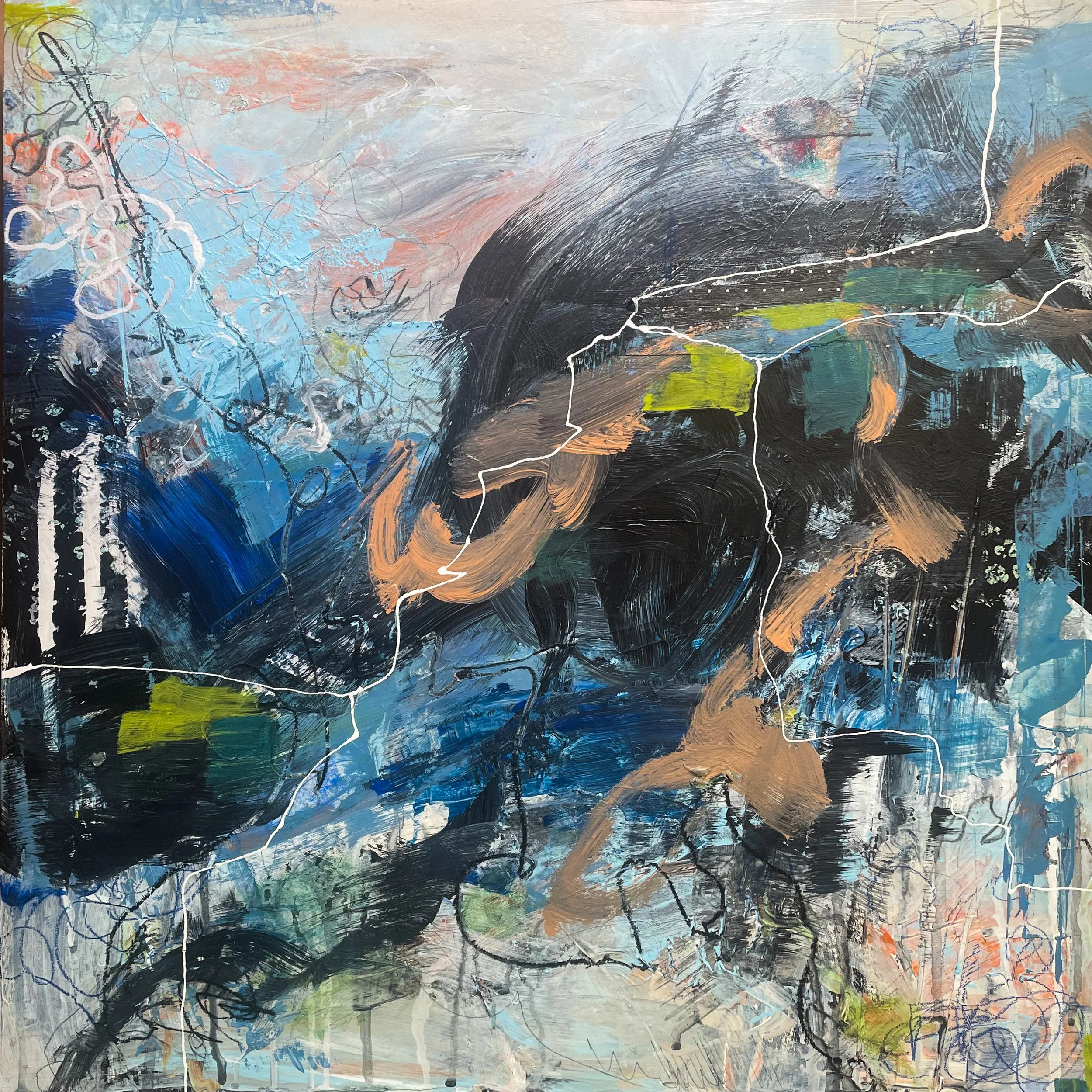An abstract painting with a mix of colors including blue, black, white, pink, green, and orange, featuring sweeping brushstrokes, scribbles, and textured layers.