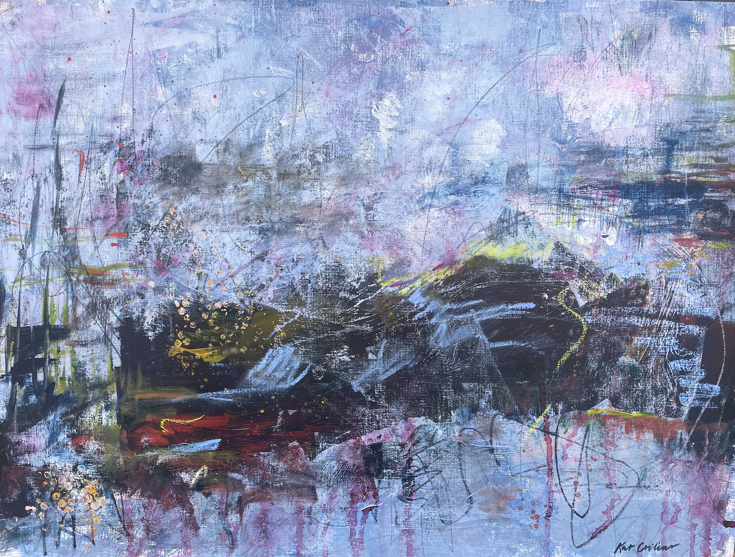 Abstract painting with a mix of dark and light colors, including blues, purples, blacks, and hints of pinks and whites. The painting features expressive brushstrokes and splatters, creating a textured and layered appearance.