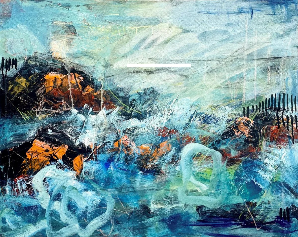 Abstract painting featuring a stormy scene with turbulent waters, mountains, and dynamic brushstrokes in shades of blue, green, black, and hints of orange.