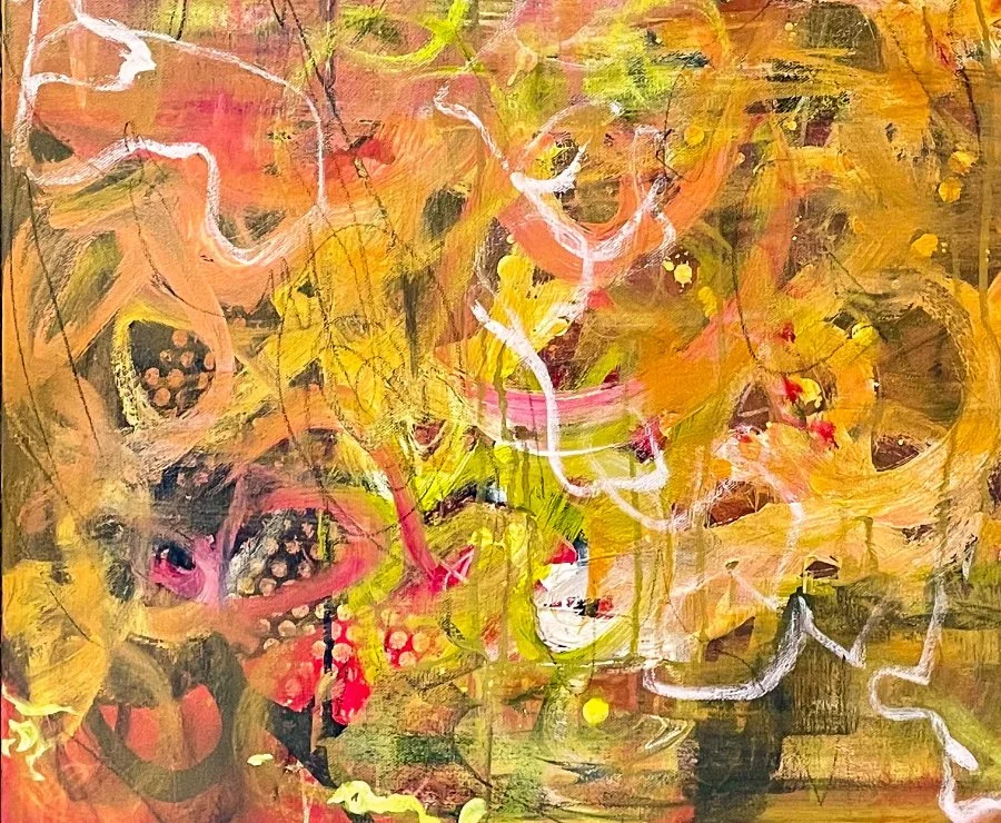 Detail of abstract painting where graphite lines and luminous washes hold unresolved emotion