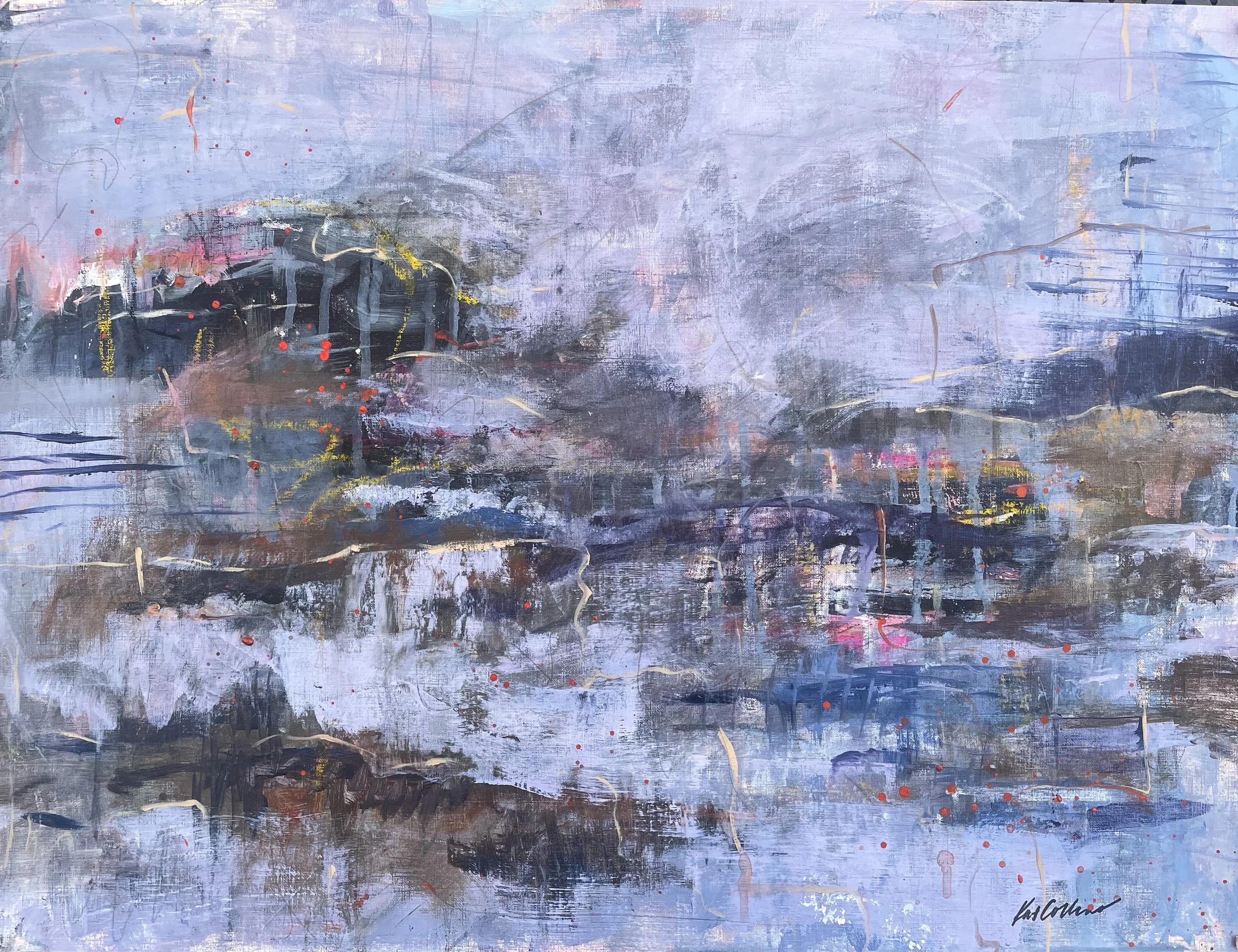 An abstract painting with various shades of purple, black, gray, and touches of pink and yellow, featuring splatters and brushstrokes.