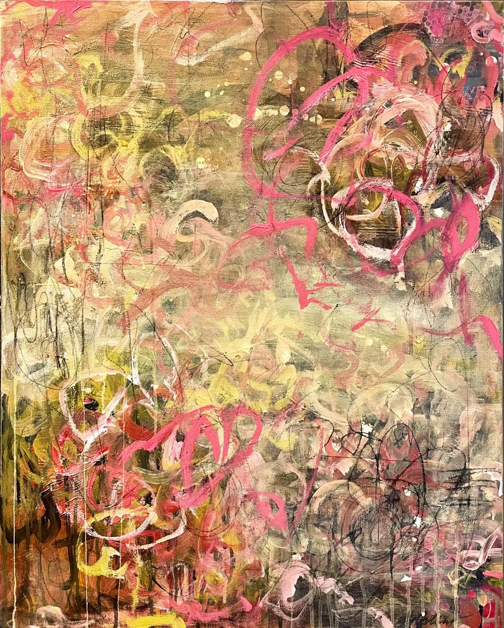 Abstract painting with a mix of pink, yellow, white, black, and brown brushstrokes, circles, swirls, and lines on a textured canvas.
