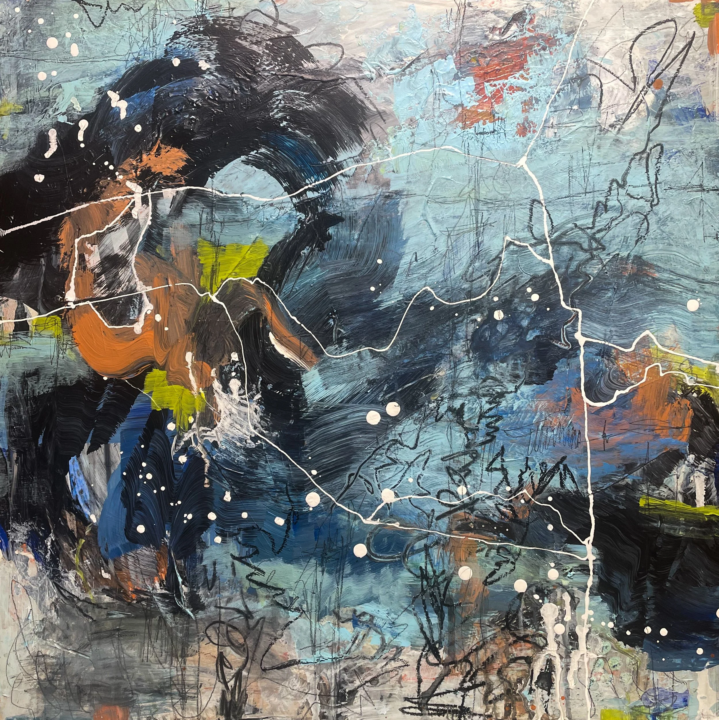 Abstract painting with a mix of black, blue, brown, and white colors with splashes, streaks, and drips creating a dynamic and textured composition.